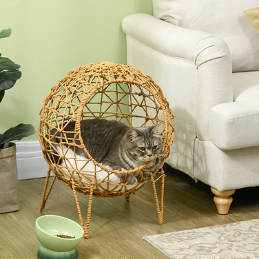 Pawhut Rattan Cat Cave Bed with Cushion - Elevated Design, Brown, 18