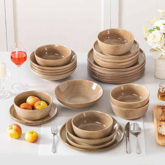 Набір посуду Steingut vancasso ANYA (48 предметів) - 48-місний сервіз з тарілок, десертних тарілок та мисок, карамелевого кольору, сумісний з мийкою та мікрохвильовою піччю