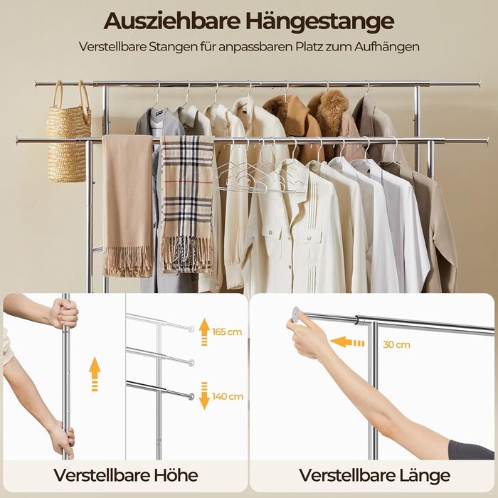 Yaheetech Clothes Rack Coat Rack with 2 Extendable Clothes Rods Freestanding on Wheels Height Adjustable Holds up to 130 KG