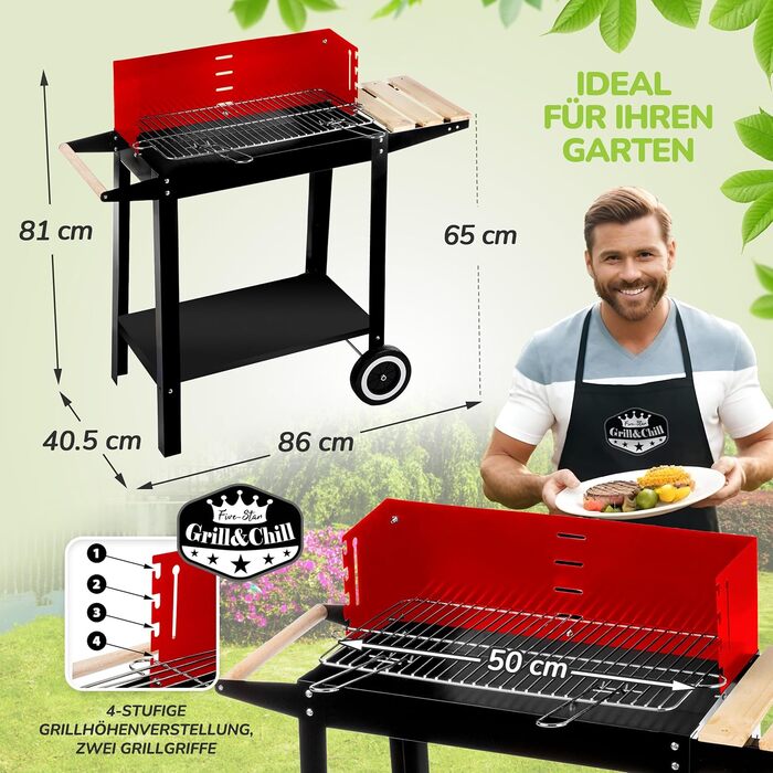 Five-Star Grill&Chill Charcoal Grill - Garden Grill, Chrome Rost 50 cm × 26.5 cm, Two Transport Wheels, GC0010