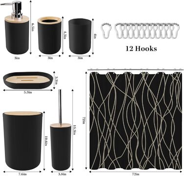 Набір аксесуарів для ванної кімнати Britimes, чорний: шторка для душу, відро, дозатор мила, тримач для унітазу, тримач для зубних щіток та стаканчик для зубних щіток