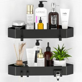 Поличка для душу без свердління, кутова, з металу, 2 шт. Двоярусний кутовий органайзер для душу з 4 гачками, чорний набір