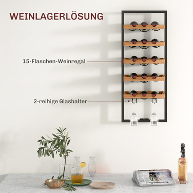 HOMCOM Wall-Mounted Wine Rack with 5 Tiers, Stackable Wine Bottle Holder, Wine Stand for 15 Bottles and 4 Glasses, Pine Wood, Steel, for Kitchen, Dining Room, Bar, Brown | Aosom