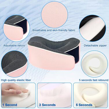 Подушка для шиї в літак, 360° - подушка для подорожей з піною Memory Foam, набір для дорослих - ергономічна, з коробкою для зберігання, маскою для очей та навушниками (Рожева)