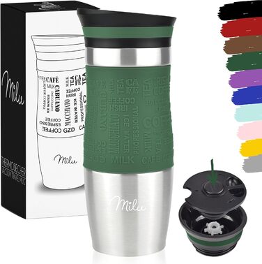 Термокружка Milu для кави з собою 370 мл, 450 мл, з подвійними стінками, з нержавіючої сталі, 100% захист від протікання, для автомобіля, travel mug (оливковий, 370 мл)