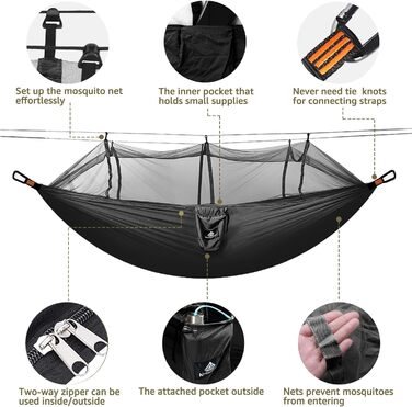 Гамак-москітна сітка NATUREFUN, 300 кг, 275x140 см, чорний