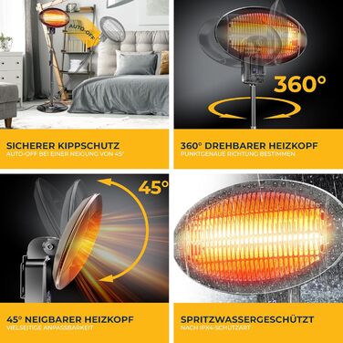 Інфрачервовий обігрівач KESSER® 2000W з Wi-Fi та пультом дистанційного керування, 360° обертання, регулювання висоти, підставка та настінний монтаж, захист від перекидання, IPX4 вологозахист для тераси, балкону та саду
