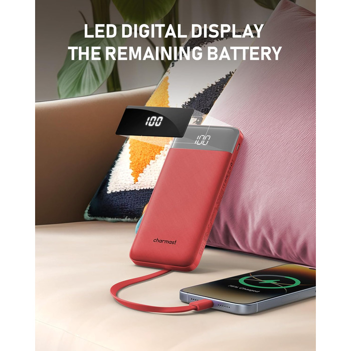 Powerbank Charmast 10000mAh з вбудованими кабелями, 6 виходів, 3 входи, USB-C, для iPhone, iPad, Samsung, червоний