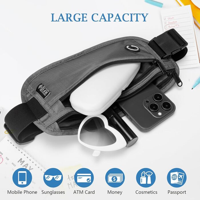 Чоловіча та жіноча поясна сумка Vinato з захистом від крадіжок та RFID, сіра. Ідеальна для подорожей, фестивалів, спорту та зберігання документів.