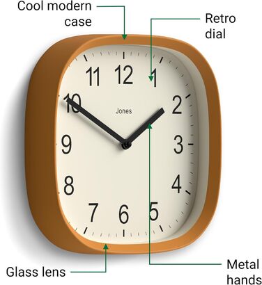 JONES CLOCKS Square Retro Wall Clock made of high-quality acrylic, 'Sprite' in Mint 25 x 25 x 5 cm (Yellow)