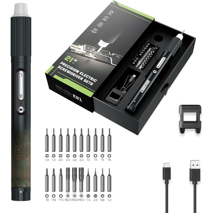JAKEMY Мініатюрний електричний шуруповерт E21-B: набір для дрібної механіки з регулюванням крутного моменту, LED-підсвічуванням та USB-C зарядкою