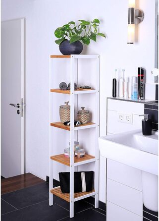 dibea Bathroom Shelf with 5 Shelves, Living Room Shelf, Standing Shelf, Bamboo Shelf, Bathroom Shelf, Book Shelf, Corner Shelf, Kitchen Shelf, 33x33x146 cm, natural/white