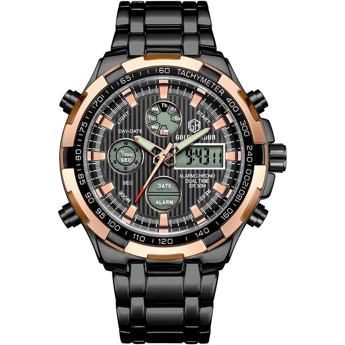 Чоловічий годинник з хронографом: сталевий, водонепроникний, з датою та будильником, аналогово-цифровий дисплей (рожеве золото, чорний)