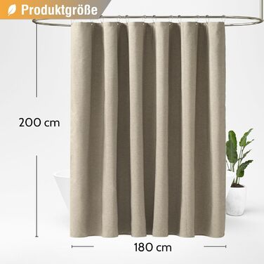 Тканинна шторка для душу BTTN, 180x200 см, льонова текстура, антигрибкова, пральна, текстильна, з 12 гачками, сучасна, водонепроникна, з обтяжувачем, декор з поліестеру, кремовий (хакі, однотонна, H200 x B180 см (1 шт))