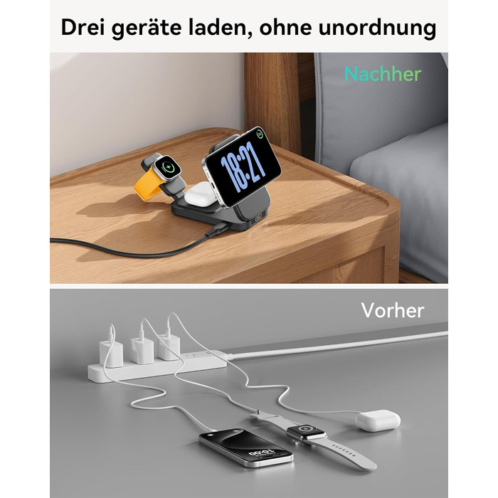 Станція зарядки INIU для iPhone 3 в 1, 15W, Qi2, магнітна, складна, MagSafe, для Apple Watch, iPhone 17/16/15/14/13/12, AirPods (з адаптером), чорна