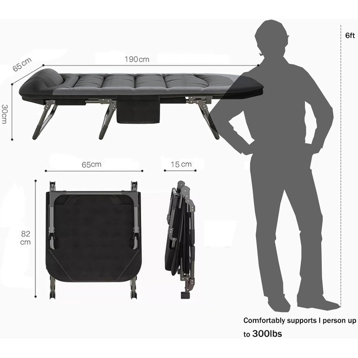 Розкладне ліжко-крісло для кемпінгу та відпочинку: ліжко-крісло, карпове ліжко, гостьове ліжко (чорне)