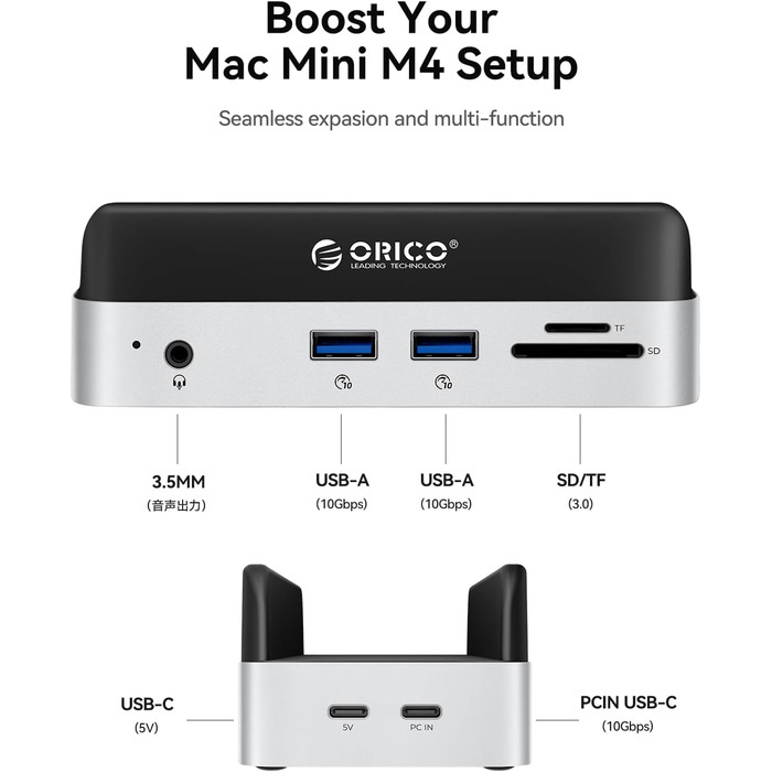 ORICO MiniDock: Док-станція та підставка для Mac mini M4/M4 Pro з корпусом для NVMe SSD, хаб USB-C з 4K HDMI, DisplayPort, SD/TF 3.0, USB-C/A 10Gbps, PD 100W - VS10 (6-in-1, 2TB)
