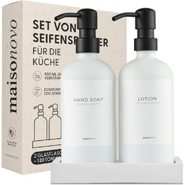 MaisoNovo Soap Dispenser Set - Soap Dispenser Kitchen - 500 ml Amber Bottles, Black Pumps, Glass Pumps Dispenser, Soap Dispenser Set, 2-Piece Set and Concrete Tray - Dish Soap Dispenser Kitchen (White Glass / Black Pump + Rectangular Tray)