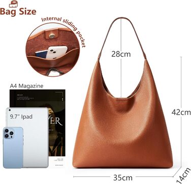 Сумка жіноча KALIDI Shopper Hobo з PU шкіри, вінтажна сумка-тоут з кнопкою, велика для роботи, навчання, повсякденного використання (коричнева)