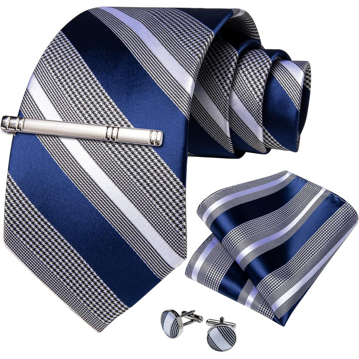 Набір краваток чоловічий DiBanGu з шовковим смугастим та клітинчастим візерунком, з нагрудною хустинкою, краватковою застібкою та манжетонами, для весілля та офіційних заходів (синій та сірий)