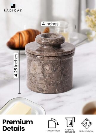 Butterhalter handcrafted marble butter crock for the kitchen - as a utensil holder and for cold cheese, Grey Oceanic