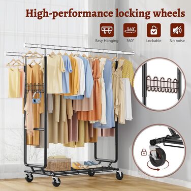 Стійка для одягу на колесах FAVOOOSTY, металева, мобільна, до 200 кг, чорна, 2 стяжки