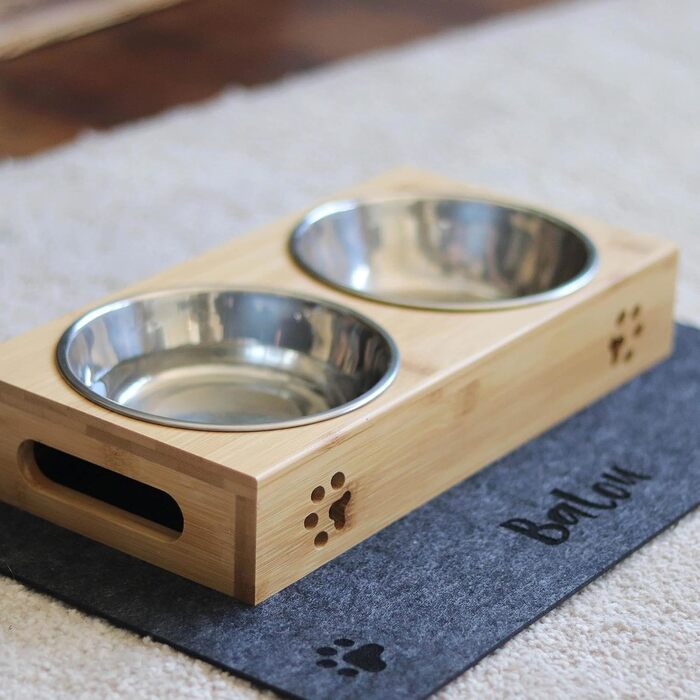 Слюсарка для кормів для домашніх тварин LAUBLUST - підставка для мисок з бамбуку, 2 нержавіючі миски | Миски для корму для собак та котів (приблизно 49 x 26 x 7 см | XL)