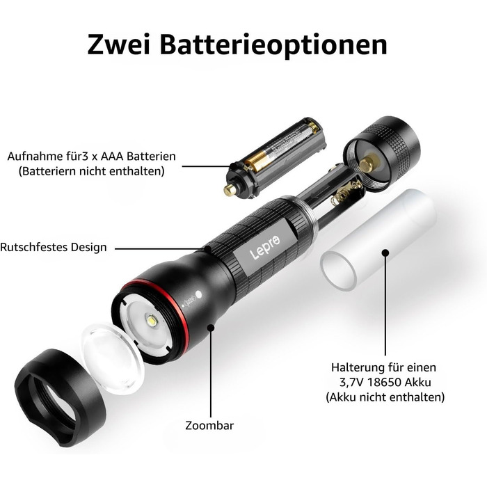 LED ліхтарик Lepro LE050 - екстремально яскравий, з кліпсою, зумується, 5 режимів, водонепроникний, для кемпінгу, відпочинку на природі, риболовлі, подарунок