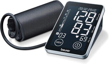 Тонометр Beurer BM 64 для вимірювання артеріального тиску з детекцією фібриляції передсердь (AFib), підключення до додатку, запатентований індикатор спокою, манжета для обхвату рук 22-42 см, медичний пристрій (підсвічуваний чорний дисплей, USB-порт)