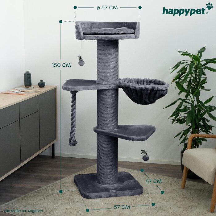HAPPYPET Преміум Дряпка для котів 'Купер' – 150 см, велика, для Мейн-кун, з сизалю, товсті стовпи (сірий)