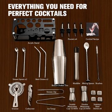 Набір для коктейлів 23 предмети Boston Edelstahl: шейкер, стійка для акрилу, рецепти, 4 камені для віскі - професійний барний набір для дому та вечірок