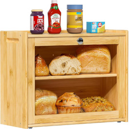 Бредониця з бамбука з вентиляцією, 2 полиці та великим оглядовим вікном, дерев'яний контейнер для хліба, безпечний для харчових продуктів, легкий у догляді, 40x31x17.5 см (EX-MBX01-2C-YUAN)