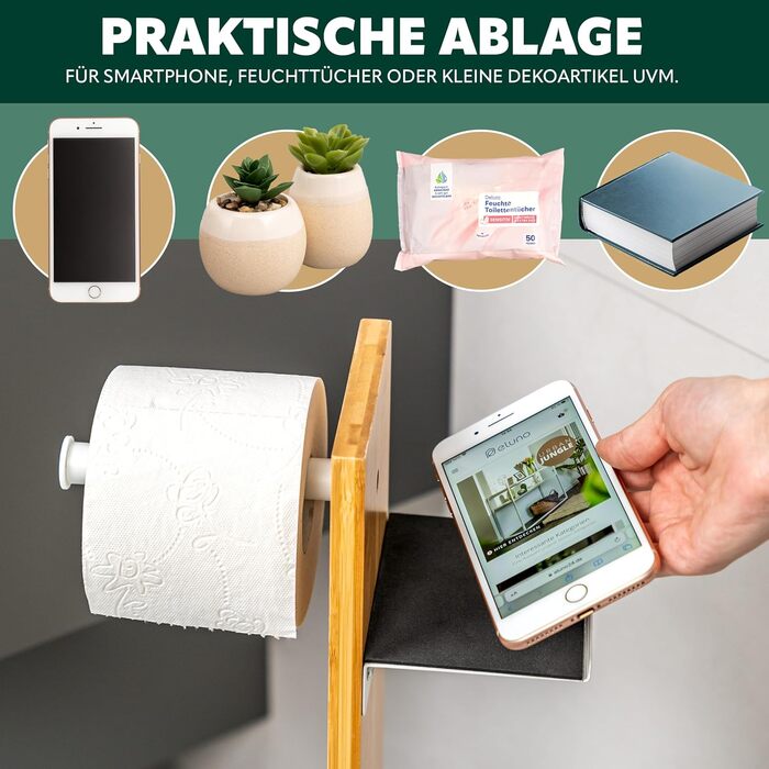 Набір для туалету Eluno 4 в 1: щітка, тримач рулонів, полиця, бамбук/метал (білий)