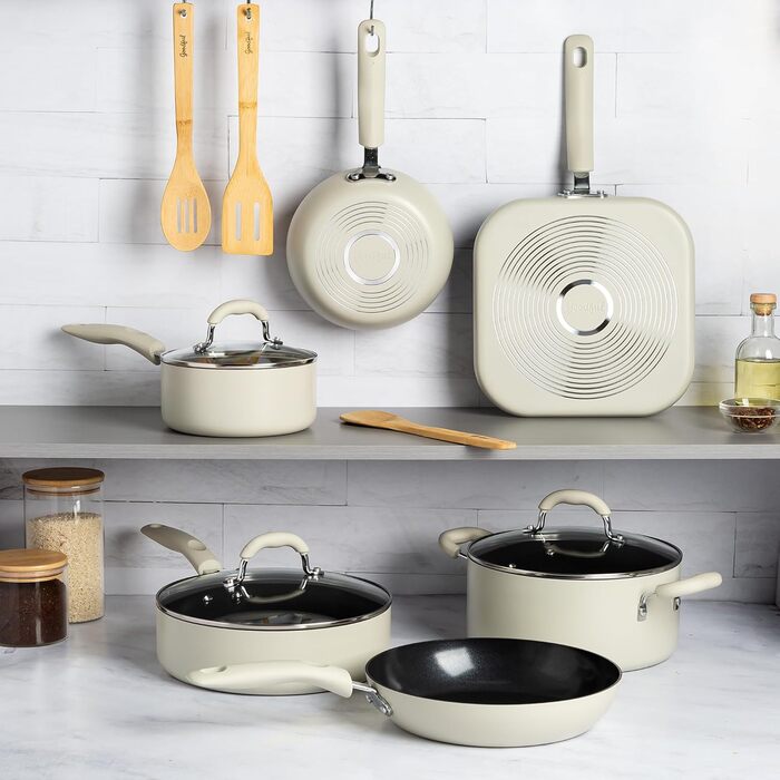Набір посуду Goodful 12 предметів: каструлі та сковороди з антипригарним покриттям, преміум-кераміка, без PFOA, PTFE, PFAS, для посудомийної машини, кремовий