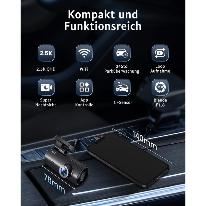 Відеореєстратор GKU Dashcam Auto: 2.5K, 1600P, WiFi, 170° Кут огляду, Mini, WDR, Нічне бачення, G-сенсор, Паркування, Loop, App, 256GB