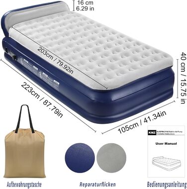 Надувна матрац KMZ з електричним насосом, подвійна висота, для дому, подорожей та кемпінгу. Міцна надувна ліжко - односпальна