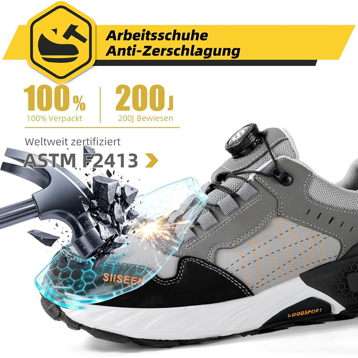 Чоловічі робочі черевики з металевим носком, легкі, дихаючі та міцні, з Clickers та захистом від проколів, неслизька підошва – робочі черевики для професій та будівництва (45 EU, Сірий)