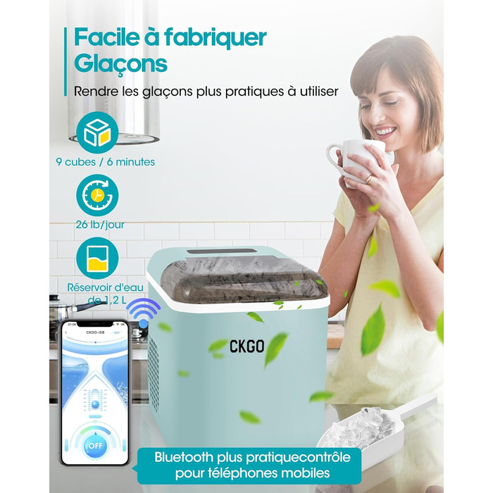 Smart Ice Maker Machine with WiFi Control - 15kg/24h, Fast Ice Production (6 mins), Self-Cleaning, 2 Sizes, Blue - for Kitchen, Office, Bar, Party, RV