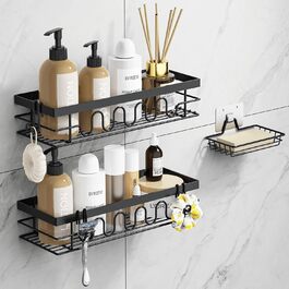 Поличка для душу без свердління, 3-секційний органайзер для душу з регульованими кошиками, нержавіюча сталь - Максимальний простір для зберігання з мильницею та 3 гачками для душу, ванної, кухні, балкону - Підставка для душу без свердління