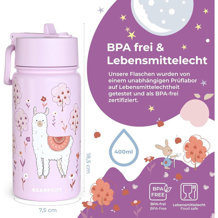 Дитяча термопляшка Bearfoot з нержавіючої сталі з трубочкою 400 мл - BPA free, без витоку, для дівчаток та хлопчиків, для школи та садочка (Лідія - Лама)