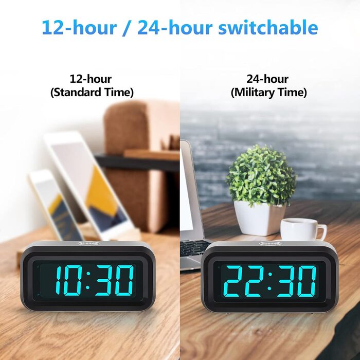 Цифровий будильник Timegyro з LED-дисплеєм, портативний для подорожей, настільний, 3 рівні яскравості, великий LED-дисплей 1.2' для спальні, вітальні, чорно-білий (чорно-синій)