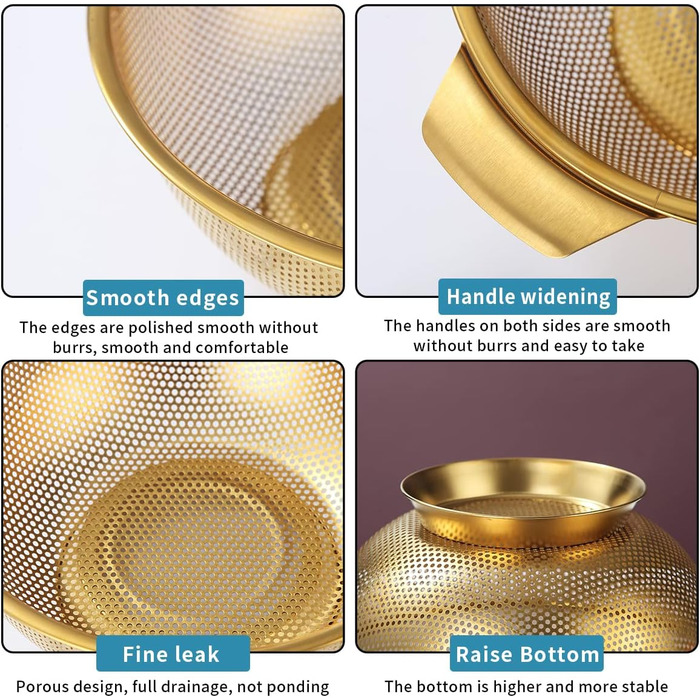 Ситечко Kyraton Gold Colander 5 Quart: професійне нержавіюче сито з покриттям з титану та золота, міцні ручки та основа для самостійного зливу, легко миється, підходить для миття в посудомийній машині