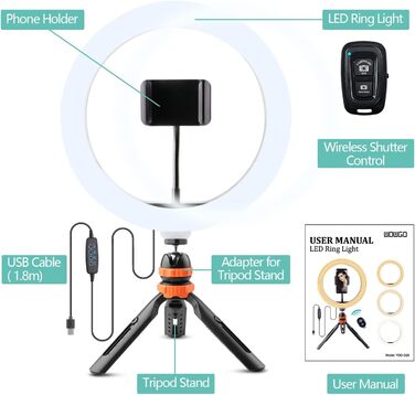 LED кільцева лампа з штативом для телефону 26 см (10 дюймів) - 3 режими світла, 11 рівнів яскравості, регульована, для селфі, макіяжу, стрімінгу