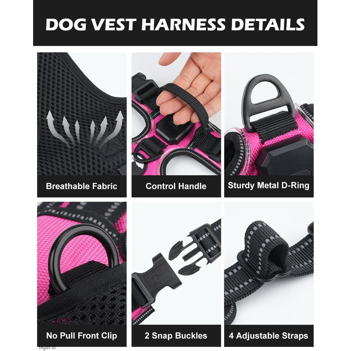 Світловідбиваючий нашийник для собак Joytale з LED, для середніх собак, не тягне, з ручкою, регульований, для нічних прогулянок, рожевий, розмір M (1 шт.)