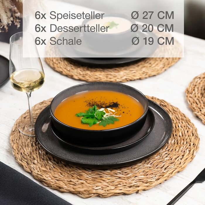 Набір посуду Moritz & Moritz VIDA на 6 осіб, 18 предметів - Сучасний набір посуду з порцеляни, стійкий до подряпин, підходить для мікрохвильової печі та посудомийної машини, сервіз на 6 осіб, колір антрацит