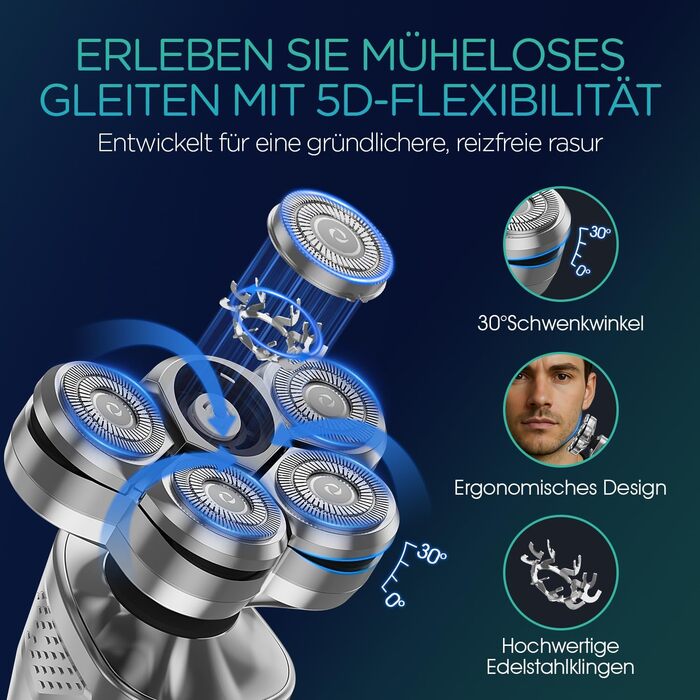 Електричний гоління для чоловіків VOYOR TX500: 5D, мокрий/сухий, бездротовий, LED дисплей, 150 хв роботи (чорний)