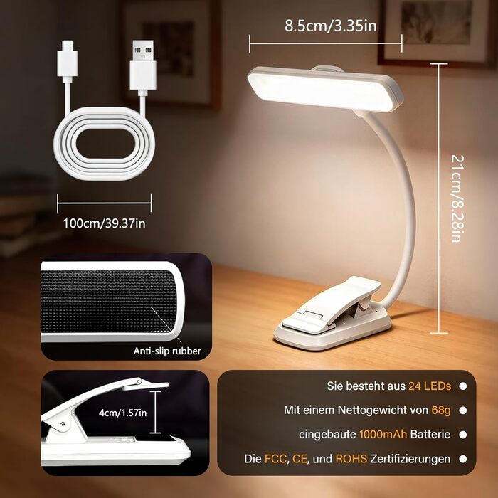 Лампа для читання LED USB акумуляторна з димером, 3 режими, біла, з кліпсою, 1000mAh - для рукоділля, ремонту, риболовлі