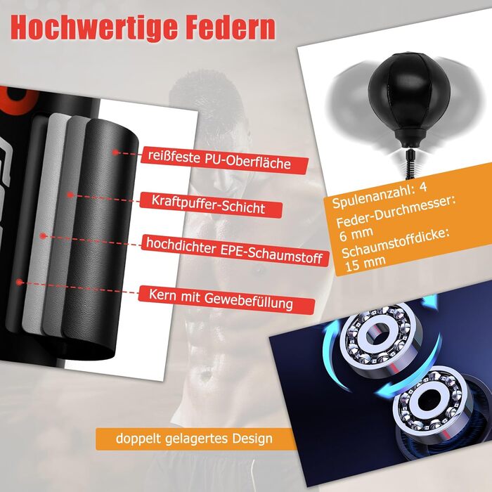 COSTWAY Стенд-бокс, боксерський мішок на стійці, регульована висота, 360° відбиваюча стійка, 2 швидкосні м'ячі, комплект боксерського мішка, кікбоксингу, MMA для дітей та дорослих, 173-213 см