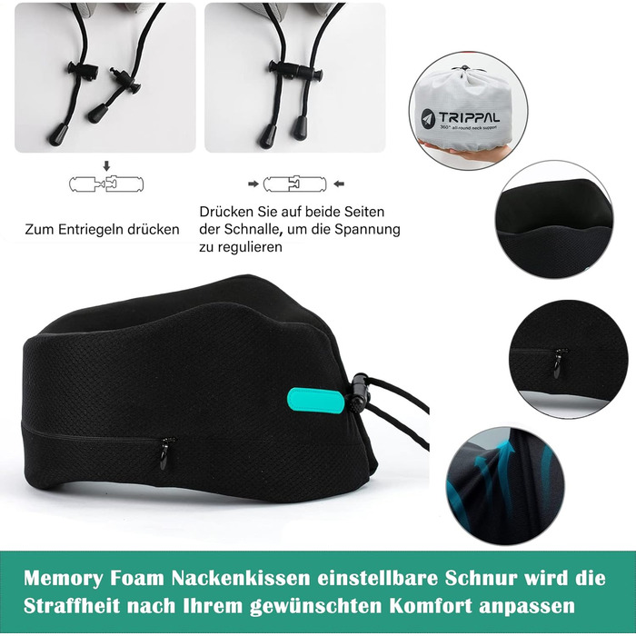 Joscoal Neck Pillow Travel, Comfortable Travel Pillow Car Headrest Luxurious Airplane Chin Support Travel Pillow Memory Foam Support Function Ideal for Travel Office Cars. Size M (34-40cm Neck Circumference), Black