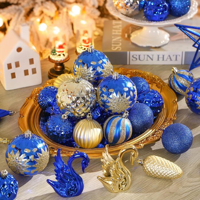 Набір прикрас на ялинку Alupssuc 128 шт: ялинкові кулі, квіти, стрічки, верхівка, гачки (чорний & золото, синій & золото)